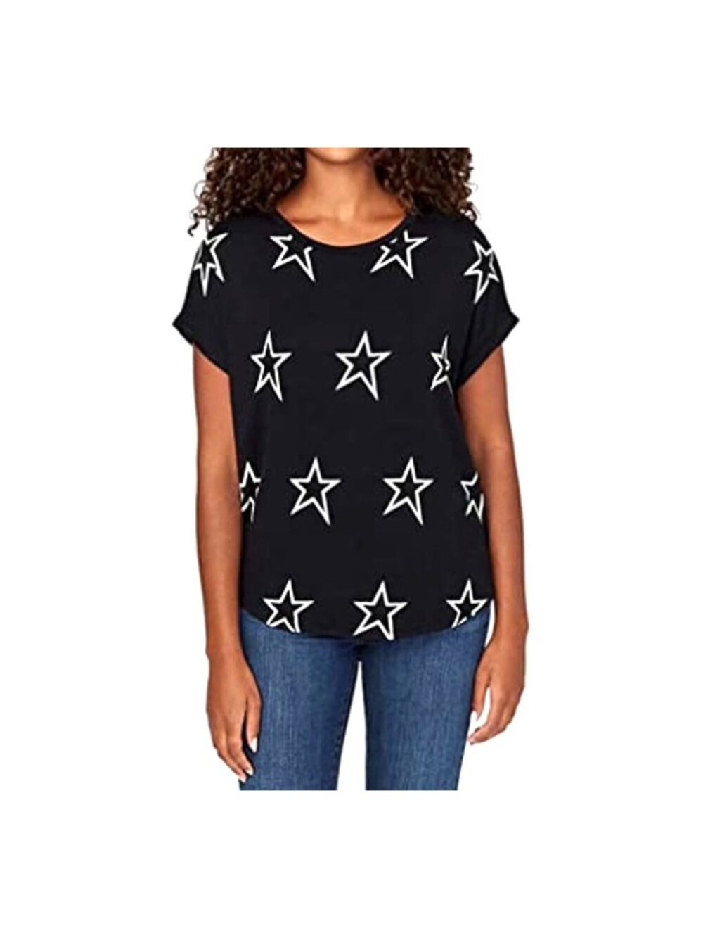 Buffalo David Bitton Black White Star Top Shirt Relaxed Fit Size L Curved Hem
